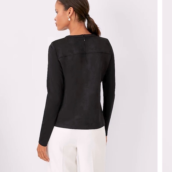 NWT Ann Taylor Faux Suede Mixed Media Long Sleeve Black Top Size XXS - Picture 3 of 10